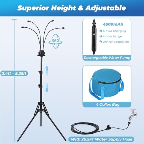 5.25FT Portable Misting Cooling System - Use with Pump or Directly to Faucet, with 4500mAh Rechargeable USB Pump, 26.5FT Hose, 4-Gallon (15L) Water Bag, Misters for Patio, Camping, Pool, Garden - Image 4