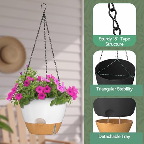 ZMTECH 12 Inch Large Self Watering Hanging Planters for Indoor Outdoor Plants - Water Level Indicator & Removable 60 Oz Reservoir, 1 Pack Plastic Hanging Basket for Window Porch Garden Balcony, White - Image 6