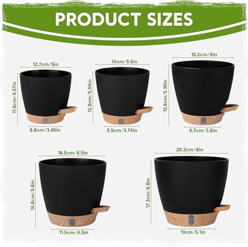 Self Watering Pots for Indoor Plants (5/5.5/6/6.5/8 Inch), Terra Cotta Planters with Water Level Indicator & Drainage,Wicking Pots for Monstera, Herbs & Snake Plant (Black, 5/5.5/6/6.5/8 Inch) - Image 2
