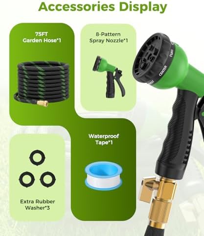 75ft Garden Hose，Non-Expandable Water Hose with 8 Function Spray Nozzle, Burst-Resistant，Kink-Free，Lightweight，Durable & Flexible 3/4" Garden Hose for Gardening, Yard，Lawn, Car Washing - Image 7