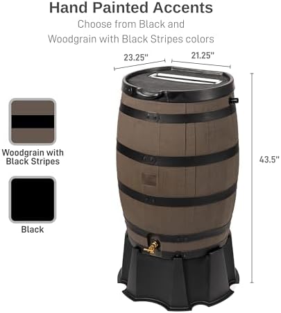 RTS Home Accents Premium 55-Gallon Rain Barrel with Removable Lid, Flat Back Rain Water Collection Barrel, Stand Included, Woodgrain with Black Stripes - Image 3