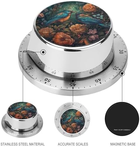 Mechanical Kitchen Timers for Cooking,Birds and Flowers Sketch Printed 60 Minute Magnetic Countdown Timer,Cute Cooking Timers with Alarm,Stainless Steel Time Timer Manual No Batteries Required - Image 3