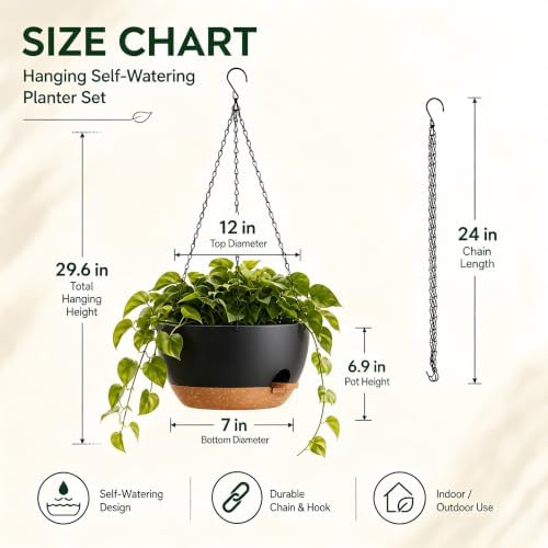 12 Inch Self Watering Hanging Planters, Black Brown, 2 Pack - Image 3