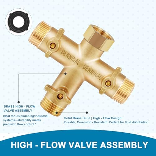 3 Way Hose Splitter, Solid Brass High Flow 3 Way Water Hose Splitter with Metal Handle, Heavy Duty Faucet Spigot Splitter with Shut off Valve, 3/4 Inch Garden Tap Splitter - Image 2