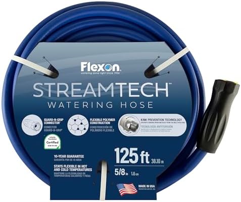 Flexon StreamTech 5/8" x 125 ft Heavy Duty Garden Hose – Flexible Polymer Construction, Kink Prevention, Guard-N-Grip Connector, Leak-Proof, Blue by Flexon