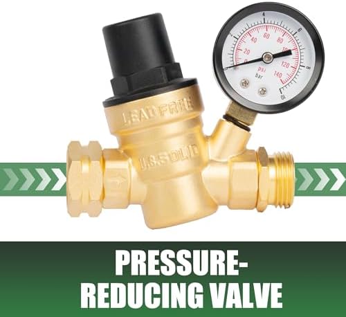 U.S. Solid 3/4 in GHT RV Water Pressure Regulator, Screwdriver-Adjustable Lead-Free Brass, 45 psi Preset, 0-140 psi Gauge, Stainless Filter, for RV Camper Trailer and Garden Hose - Image 3
