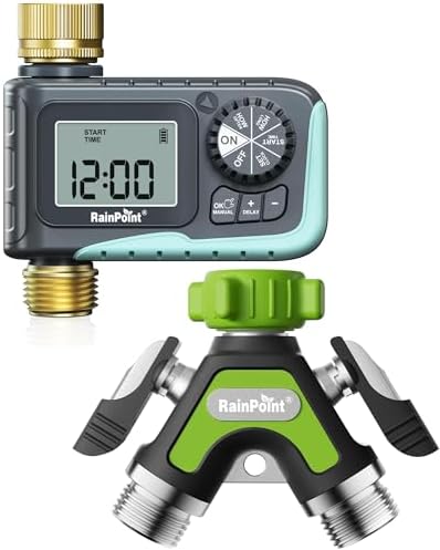 RAINPOINT Sprinkler Hose Timer with 2 Way Heavy Duty Metal Hose Splitter Programmable Watering Timer and 3/4 Inch GHT Y Spigot Splitter with Shut Off Valves for Faucet and Drip Irrigation by RainPoint