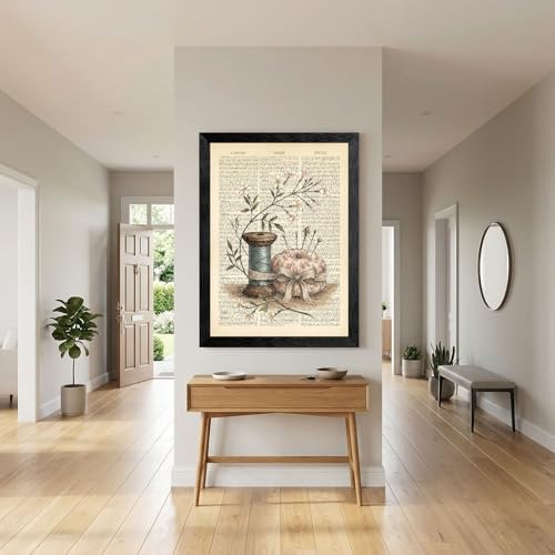 Framed Canvas Wall Art Vintage Sewing Kit Jasmine Earthy Sepia Botanical Spool Canvas Print Poster Black Frame Wall Decor for Craft Room Studio Cottagecore, Antique Encyclopedia Art - 24x36 Inch - Image 4