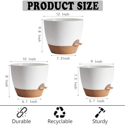 Plant Pots,12+10+9 Inch Self Watering Pots with Drainage Hole for Indoor Plants Large Flower Pot, Plants Pots Indoor Outdoor,Modern White Plastic Planters for Indoor Plants - Image 3