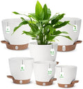 Self Watering Planter with Visual Water Level, 6Pack Small Plastic Pot Set with Drainage Holes and Reservoir Saucers, Modern 8+7+6.5+6+5.5+5 Inch Bottom Watering Flower Pots for Indoor Plant - White by Ezmixcoop