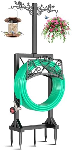 Garden Hose Holder, Freedstanding Heavy Duty Garden Water Hose Holder Stand with 2 Shepherds Hooks, Detachable Metal Hose Storage Hanger Rack for Outside Yard Lawn Farm by ODSNANIE