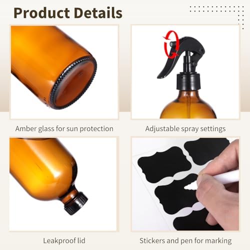 OMISTAR 6 Pcs 16 oz Amber Glass Spray Bottles for Cleaning - Empty Glass Spray Bottle Set with Labels and Pen, Refillable Container for Essential Oils, Trigger Sprayer, Adjustable Nozzl, Leakproof - Image 4