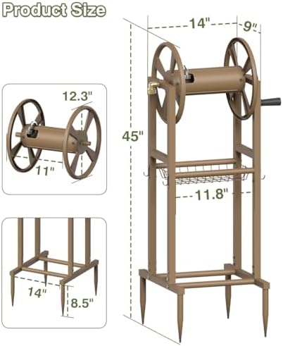 Freestanding Garden Hose Reel holds 125ft Hose of 5/8" with 4 Hooks, 4-Spike Outdoor Hose Holder with 3.9ft Leader Hose & Brass Fitting, Detachable Metal Hose Stand with Storage Rack, Brown - Image 4