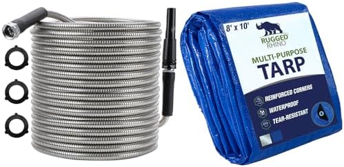 RUGGED RHINO Metal Garden Hose, 100FT, Black and Tarps, 8x10, Blue Bundle by RUGGEDRHINO