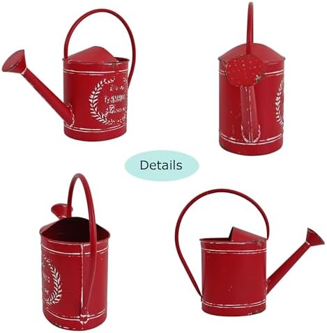 Vintage Metal Watering Can with Fresh Farmhouse Flowers Emboss Garden Distressed Red Decorative Watering Pot Farmhouse Waterer for Home Garden Balcony Courtyard Christmas Decor (Red) - Image 3