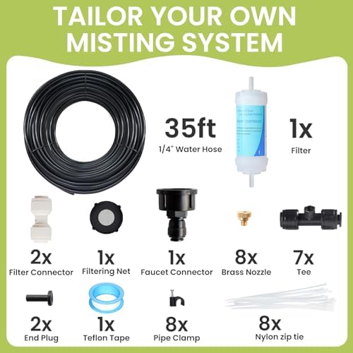 35FT Mister for Outside Patio Misting Cooling System, 35FT (11M) Misting Line+7 Brass Mist Nozzles+Water Filter, Outdoor Mister System for Garden Greenhouse Trampoline Waterparke - Image 2