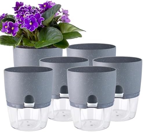 Oliz 6" Self Watering Pots for Indoor Plants, 6pk Grey w/Drainage Saucers by Oliz