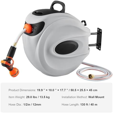 Happybuy Retractable Hose Reel - 130 ft x 1/2 inch Garden Water Hose with 180° Swivel Bracket, 9-Pattern Nozzle, Automatic Rewind, Lock at Any Length, Slow Return System - Image 7