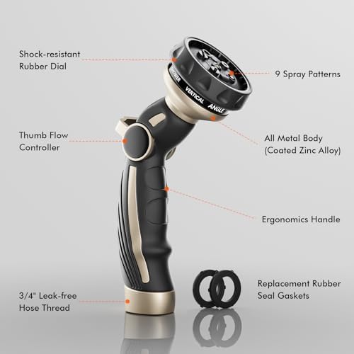 RESTMO Hose Nozzle with Easy Self-Lock Trigger, Heavy Duty Metal Water Hose Sprayer with 9 Spray Patterns and On/Off Valve, High Pressure | Thumb Flow Control, Ideal for Outdoor Lawn & Plant Watering, - Image 2