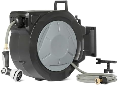 Amazon Basics Retractable Garden Hose Reel, 100 Foot, Wall Mounted, 10-Pattern Spray Nozzle, 180° Swivel Bracket by AmazonBasics