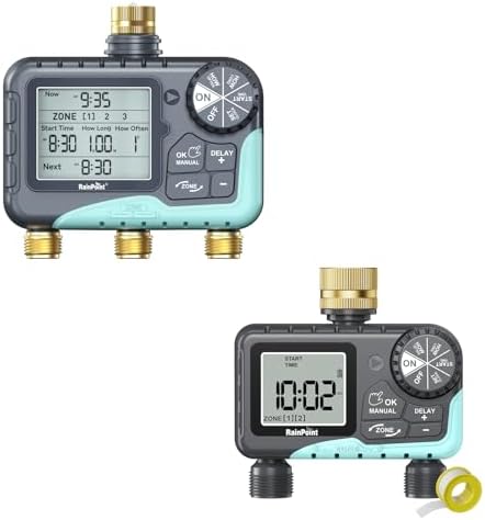 RAINPOINT 2 Zone Water Timer with Brass Inlet and 3 Zone Water Timer with Brass Inlet and Outlet by RainPoint