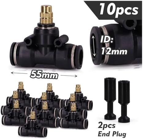 Adjustable Misting Nozzle with Tee Adapter - Brass & Plastic Irrigation Sprayer for 6/8/10/12mm Hose Perfect for Garden Watering and Cooling Systems(For 12mm Tubing) - Image 2