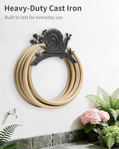 Cast Iron Garden Hose Holder Wall Mount, Rustic Heavy Duty Water Hose Hanger Storage Rack, Decorative Vintage Hose Reel Organizer for Outside Garden Yard Patio, Snail and Floral Design - Image 4