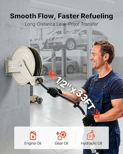 VEVOR Oil Hose Reel, 1/2 inch x 33 ft Retractable, Spring Driven Auto Swivel Rewind, Max 3625 PSI, Heavy-Duty Carbon Steel Construction with Steel Wire Braided Hose, for Engine / Gear / Hydraulic Oil - Image 2