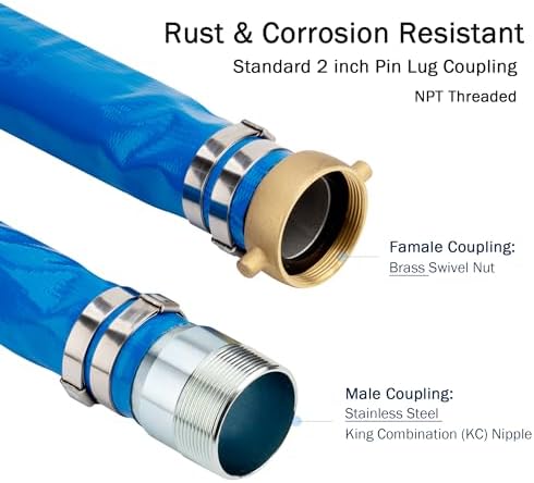 DAVCO 2" ID x 50 ft Pool Backwash Hose, Heavy Duty Reinforced Blue PVC Lay Flat Water Discharge Pump Hoses For Swimming Drain Pools and Clean Filters, with Brass NPT Pin Lug and KC Nipple Fittings - Image 2