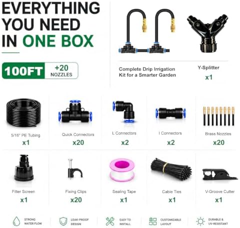 5/16" Drip Irrigation System 100 ft for with 20-Pcs 360° Adjustable Copper Nozzles for Garden, Automatic Misting Watering Sprinkler System Raised Beds, Greenhouse (100ft+20 nozzles) - Image 2