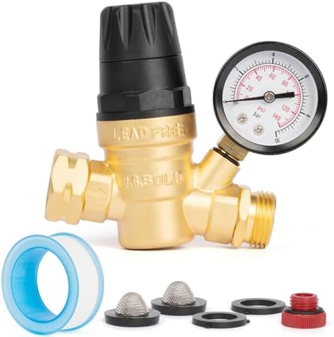 U.S. Solid 3/4 in GHT RV Water Pressure Regulator, Handwheel-Adjustable Lead-Free Brass, 45 psi Preset, 0-140 psi Gauge, Stainless Filter, for RV Camper Trailer and Garden Hose - Image 2