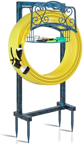 Garden Hose Holder for Outside - Upgraded Water Hose Holder Holds with Storage Basket, Heavy Duty Metal Freestanding Garden Hose Storage Reel Rack for Outdoor Yard Lawn (Blue) by FaloStwer