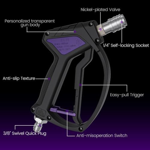 Short Pressure Washer Gun, Swivel Power Washer Gun 4060 PSI, Stubby Pressure Washer Gun with 3/8" Smooth & 1/4" Quick Connector Coupler Compatible with Hose Foam Cannon Car Wash Foam Gun（Black purple） - Image 5