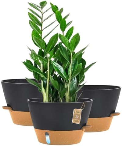 12 Inch Self Watering Pot with Visual Water Window, Drainage Holes & Watering Lip, Set of 3 Large Plastic Planters for Indoor Outdoor Plants, Modern Decorative Flower Pot (Grey) by FIASON