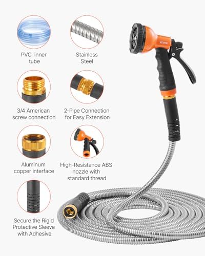 VEVOR Metal Garden Hose 200 ft, Heavy Duty Stainless Steel Water Hose with 10-Function Nozzle, No-Kink & Flexible Outdoor Garden Hose, Rust-Proof Lightweight Hose for Yard, RV, Car Wash - Image 2