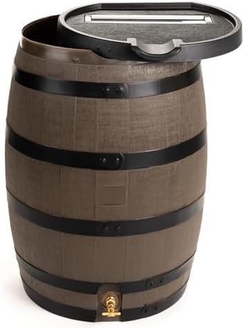 RTS Home Accents Premium 55-Gallon Rain Barrel with Removable Lid, Flat Back Rain Water Collection Barrel, Woodgrain with Black Stripes by RTSCompaniesInc