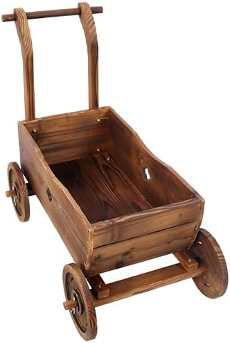 Wooden Wagon Planter with Wheels and Handle, 26.5 Inch, Brown - Image 3