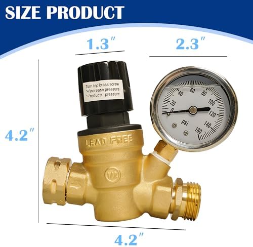 Hourleey RV Water Pressure Regulator, Adjustable Handle Brass Water Pressure Regulator, Water Pressure Reducer with Gauge and Inlet Screened Filter for RV Camper Travel Trailer - Image 2