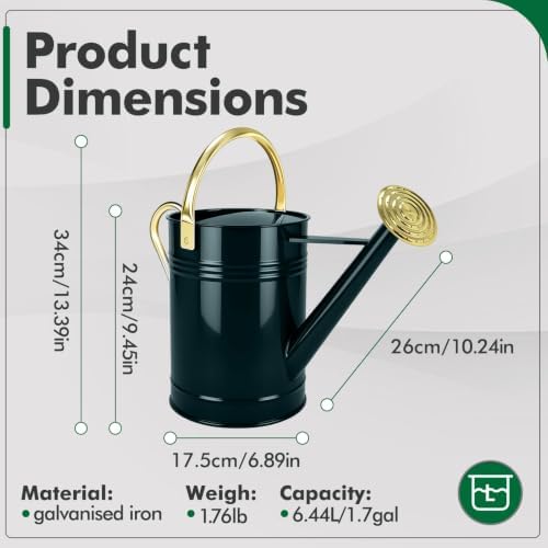 Gold Galvanized Iron Watering Can for Indoor Plants, DIY Watering Cans for House Plant Garden Flower, Long Spout Water Can for Outdoor Watering Plants 6.44L 1.7Gallon (Dark Green) - Image 2
