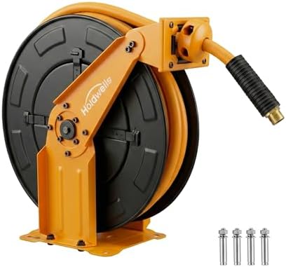 Retractable Air Hose Reel, 3/8" x 50FT EPDM Rubber Air Hose, 300PSI Max, Auto-Rewind & Length-Lock, 1/4" NPT Fitting, Ceiling/Wall Mount Heavy Duty Dual Arm Steel Reel for Workshop/Garage by HoldwellS