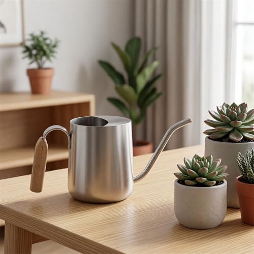 Plant Watering Can, Metal Small Indoor Watering Can with Long Spout & Real Wood Handle for House-Plants, Succulents, Cacti & Seedlings, Small Bonsai Outdoor Garden Modern Decorative - Image 5