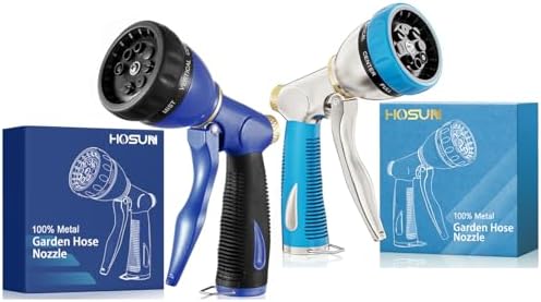 HOSUN Garden Hose Nozzle Sprayer Heavy Duty, 100% Metal Water Hose Nozzle with 8 Spray Patterns, High Pressure Hose Spray Nozzle with Non-Slip Grip for Watering Plant & Lawn, Washing Car & Pet, Blue by HOSUN