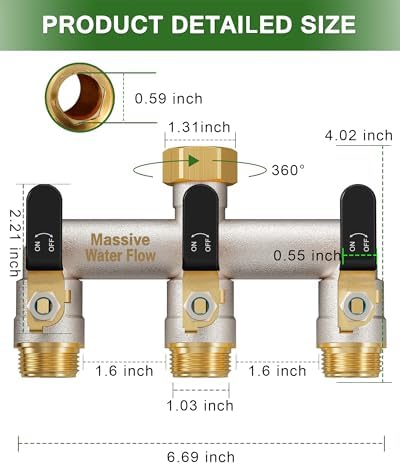 3 Way Hose Splitter Heavy Duty, Garden Hose Splitter with 3 Long Handle, Full Flow Brass Nickel Plated Water Hose T Spigot Splitter Adapter Connector, 3/4 - Inch GHT Thread (Black) - Image 2