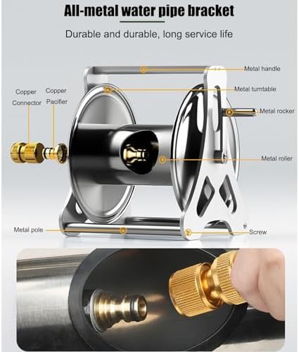 Heavy Duty Metal Water Hose Reel, Wall Mount & Floor Stand Garden Hose Storage Holder Winder, Outdoor Manual Reel with Brass Fitting, Hose Reel Organizer for Car Wash/Yard Watering - Image 4