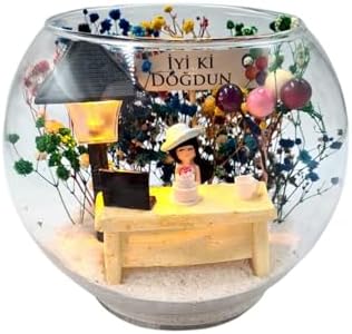 SODEF Lighted Glass Terrarium for Friend, 'Happy Birthday' Theme, Globe Vase with Street Lamp Decor, Preserved Flowers, Miniature Figures, Birthday Gift, 6.3 x 7.1 inches - Image 2