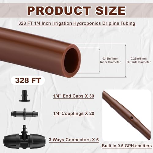 Nuanchu 328 ft 1/4 Inch Drip Irrigation Tubing Hose with 6" Emitter Spacing Watering Tube Line Kit with 6 Pcs 3-way Connectors 20 Pcs 1/4" Couplings 30 End Plugs for Garden Irrigation System, Brown - Image 2
