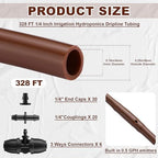Nuanchu 328 ft 1/4 Inch Drip Irrigation Tubing Hose with 6" Emitter Spacing Watering Tube Line Kit with 6 Pcs 3-way Connectors 20 Pcs 1/4" Couplings 30 End Plugs for Garden Irrigation System, Brown - Image 2