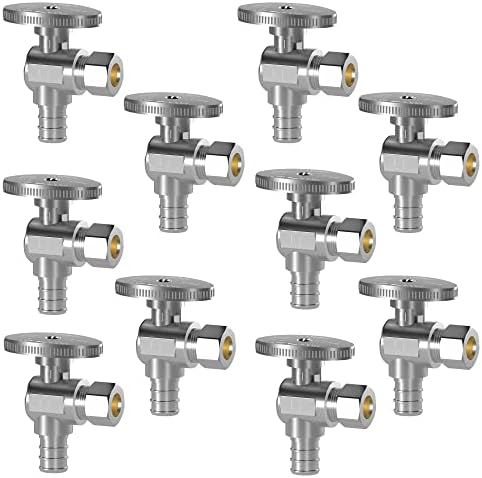 Hourleey 10 Pack Angle Stop Valve, Water Shut Off Valve 1/2" PEX x 3/8" OD Compression, Quarter Turn Chrome Plated Brass Valve by Hourleey
