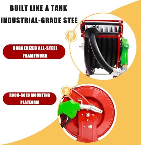 Fuel Hose Reel,Ratchet Spring-Driven Retractable 1"x 50' Diesel Hose Reel W/Swivel, AUTO Fuel Nozzle,SS Eblow Barb Fitting,300 PSI,1"NPT Inlet,1" Outlet Heavy Duty Steel Construction - Image 4