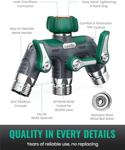 RAINPOINT 3 Way Hose Splitter, 100% Metal Heavy Duty Garden Hose Splitter With 1.9" Extra Long Handle & Individual Shut Off, 3/4 Inch GHT Thread Water Hose Connector For Spigot Faucet (Dark Green) - Image 3